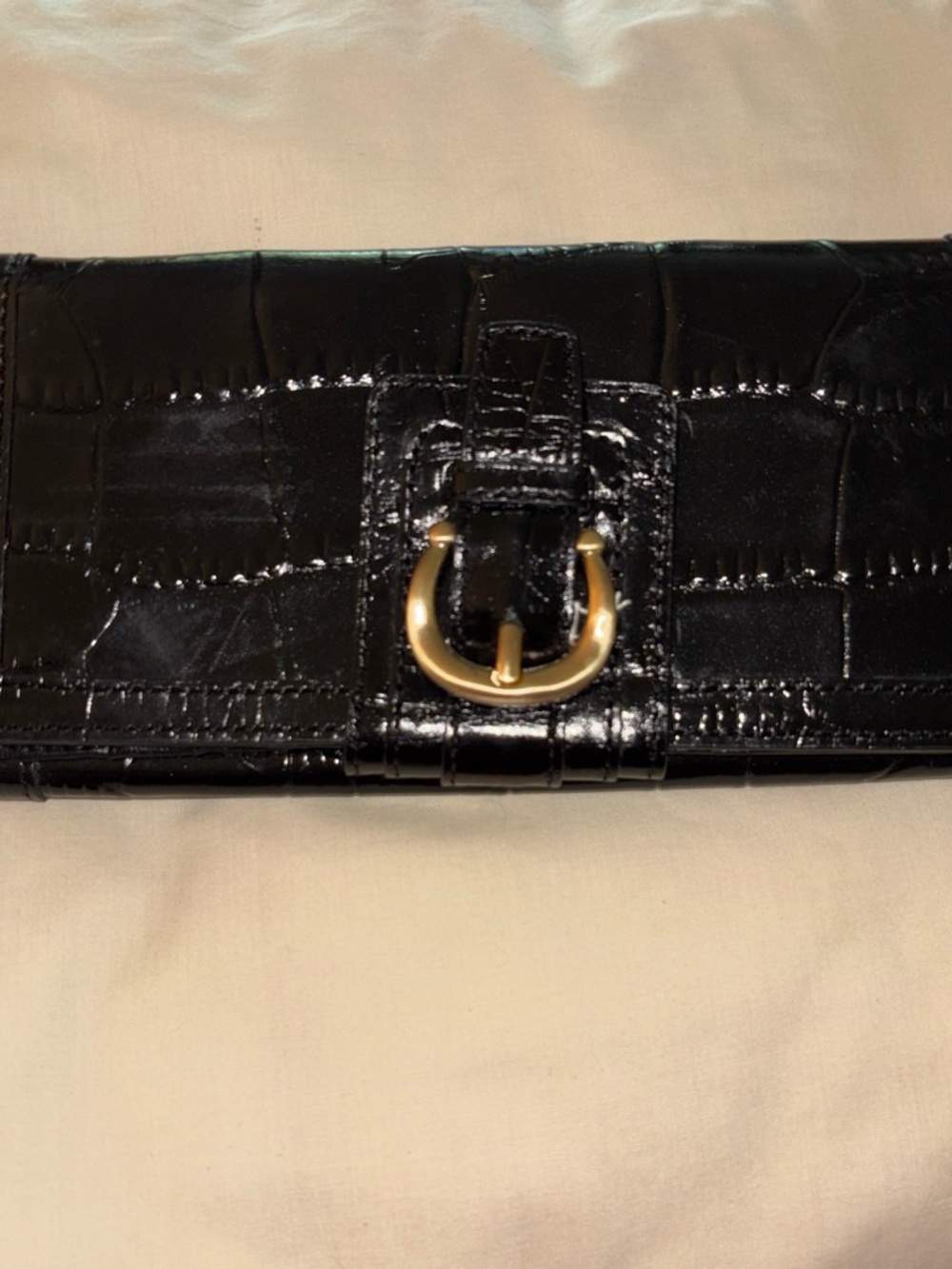 Ann Taylor Black Croc-Embossed Wallet with Gold Buckle Accent
